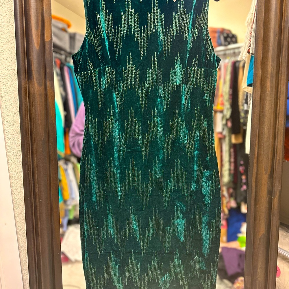 NYC brand new emerald green velvet and sequin dress .
